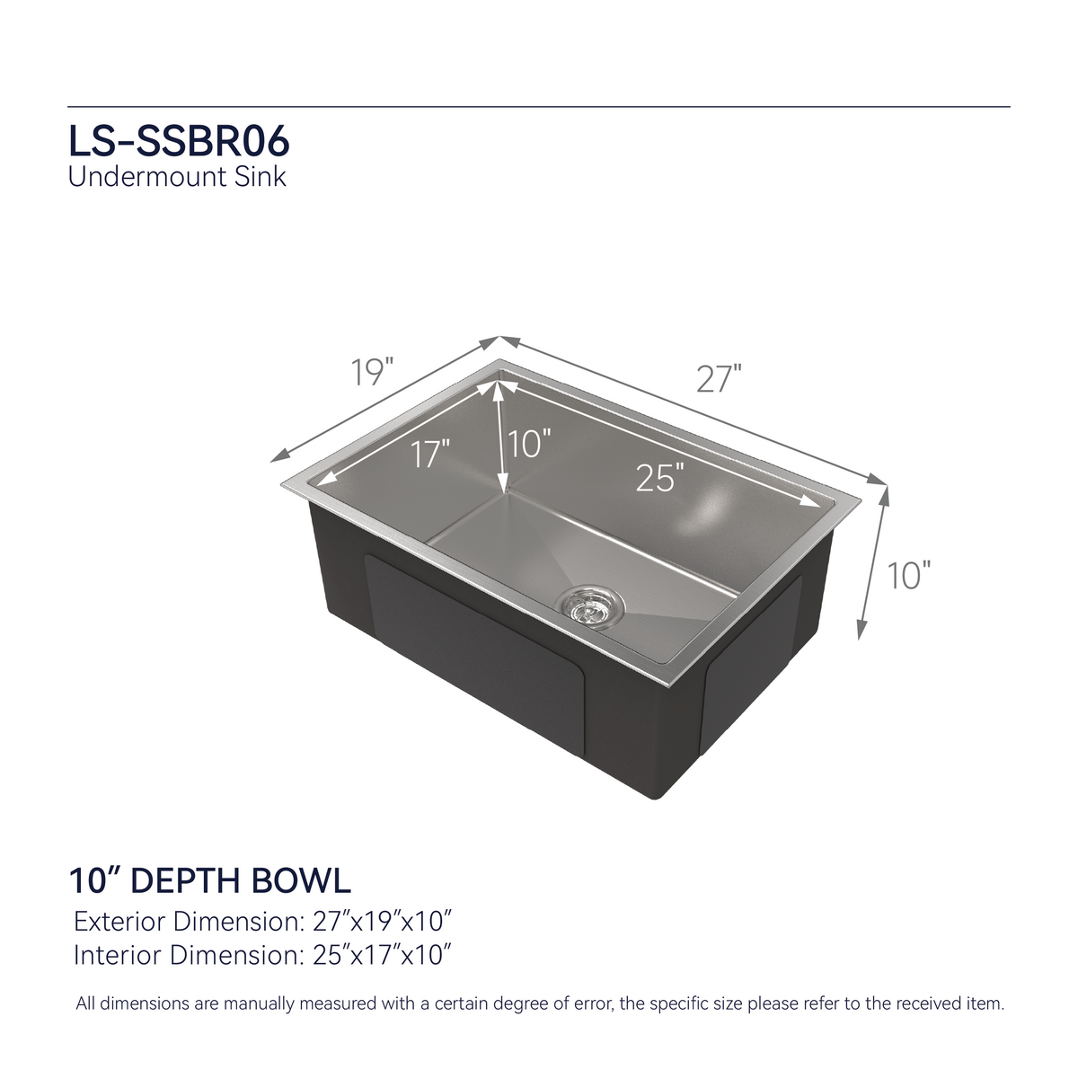 Stainless Steel Kitchen Sink, 27″x19″ Single Bowl, Undermount Handmade Sink in Brushed Nickel, with US Standard Drain and Hook, LS-SSBR06