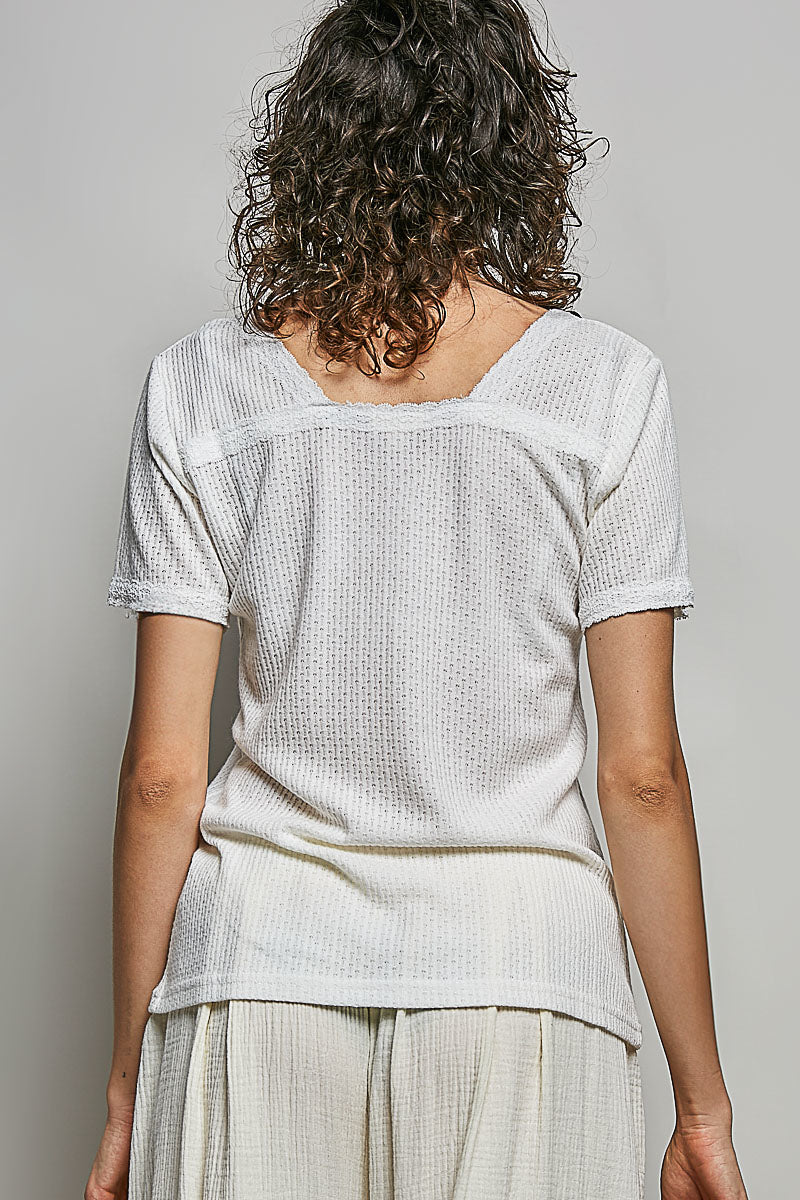 POL Lace Detail V-Neck Short Sleeve Textured T-Shirt