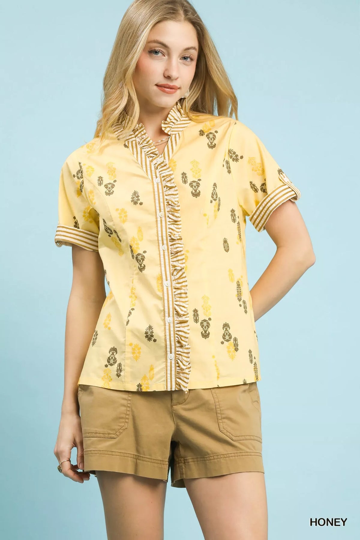 Umgee Printed Ruffle Trim Button Front Blouse