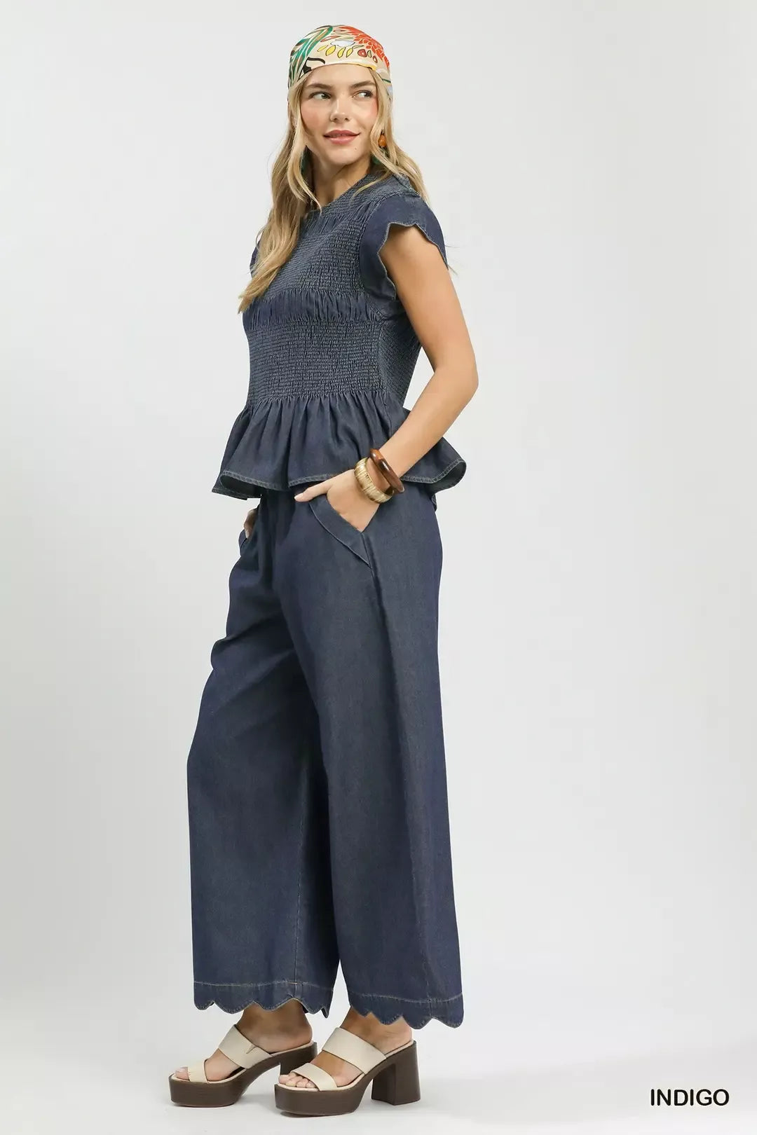 Umgee Smocked Peplum Top with Scalloped Ruffle Cap Sleeves