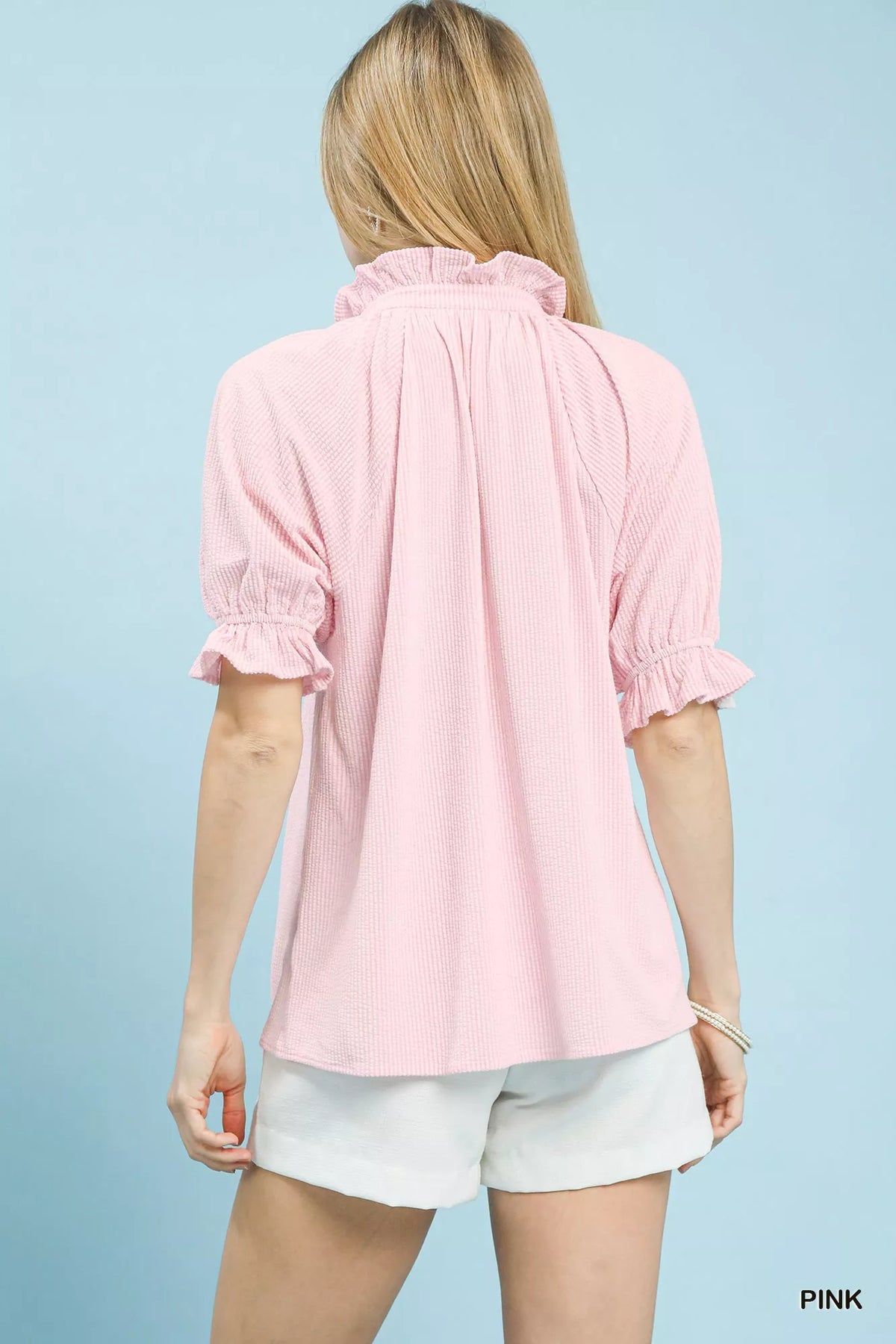Umgee Textured Ruffle Sleeve V-Neck Top