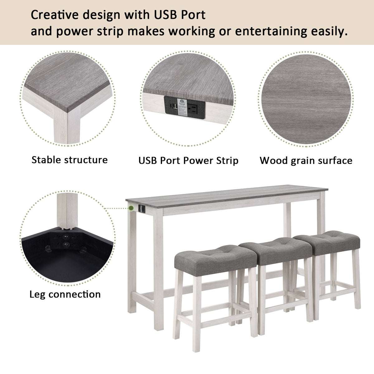 4 Piece Bar Table Set with Power Outlet,Bar Table Set with Chairs,Sofa Bar Table with Stools,Behind Couch Table with 3 Padded Stools,for Living Room,Dining room, White & Grey
