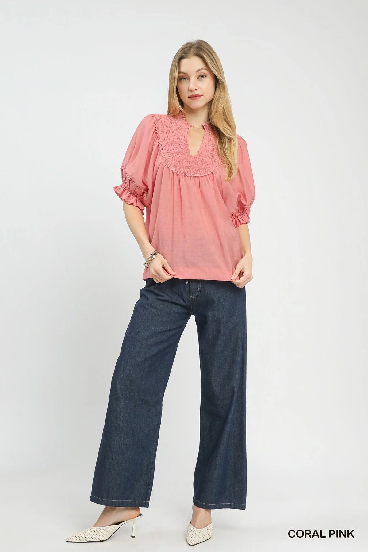 Umgee Smocked Yoke Blouse with Ruffle Sleeves