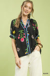 Umgee Botanical Print Contrast Trim Button Blouse