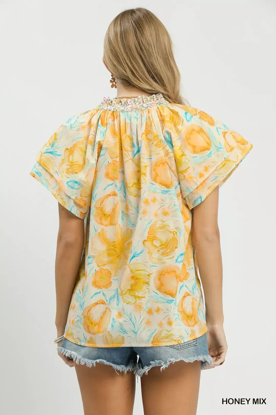 Umgee Mix Floral Print Blouse with Crochet Lace Trim