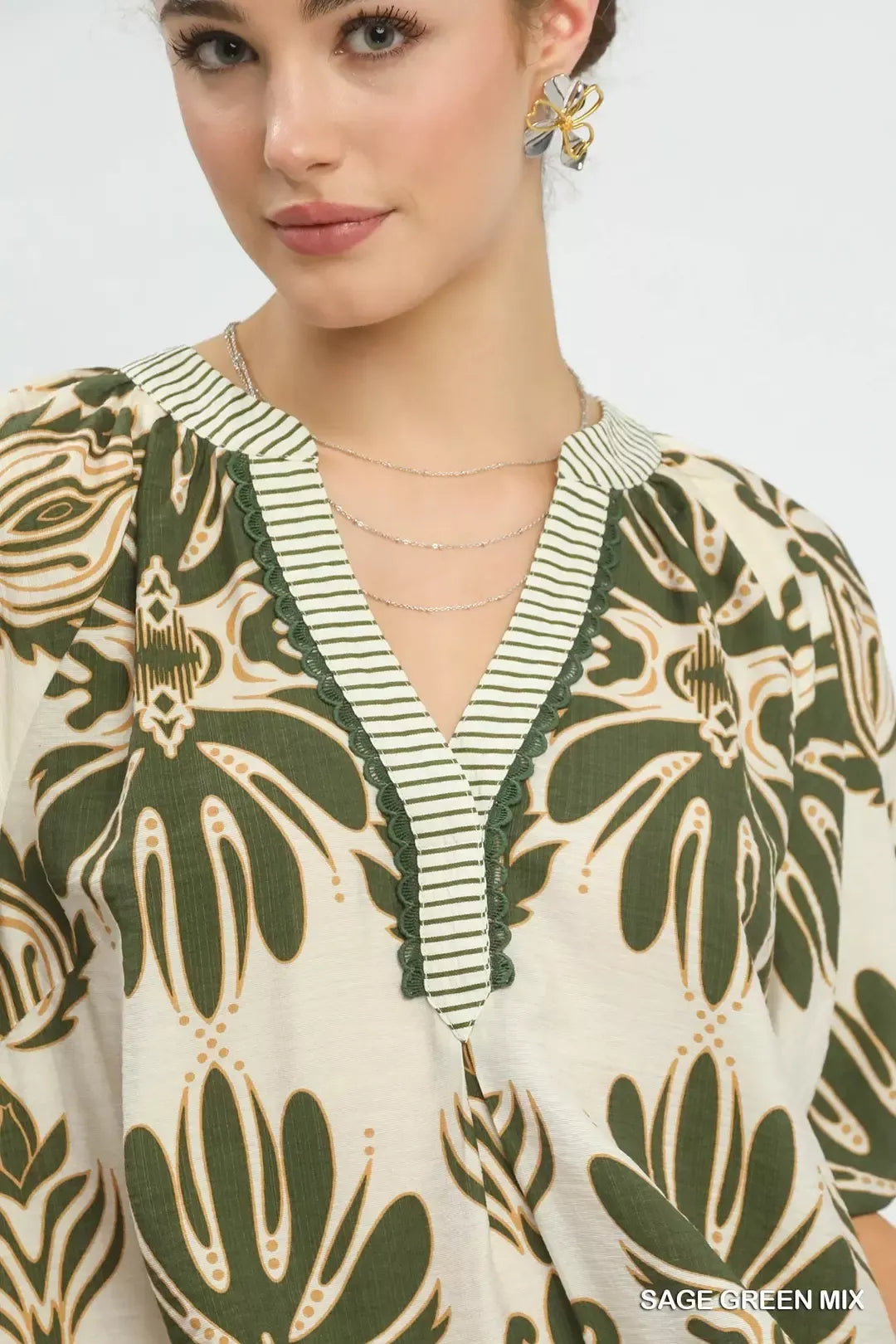 Umgee Mix Printed Puff Sleeve Top with Contrast Trim