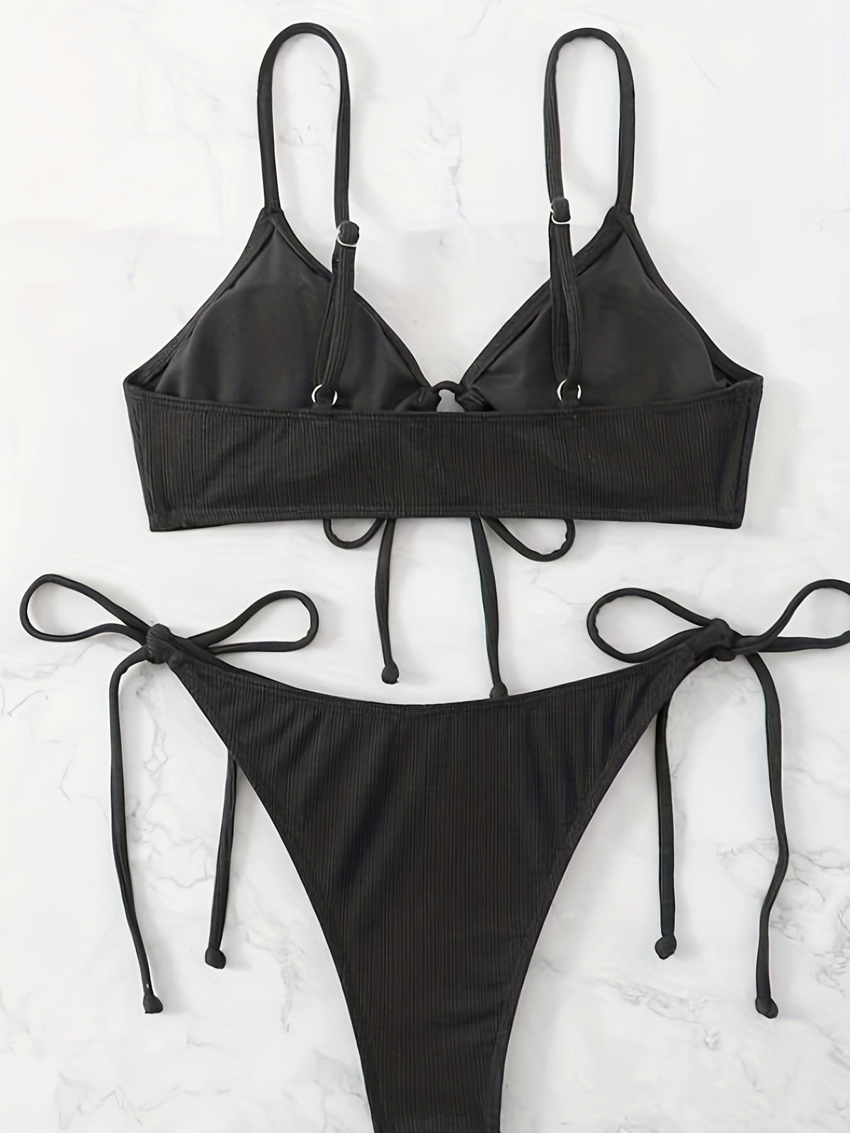 Bikini Solid Rib Knit 2 Piece Swimsuit – Ring Link Tie Front Triangle Bikini Set for Women – Hollow Out High Stretch V-Neck Top with Tie Side Bottoms – Trendy Beach & Pool Swimwear for Summer