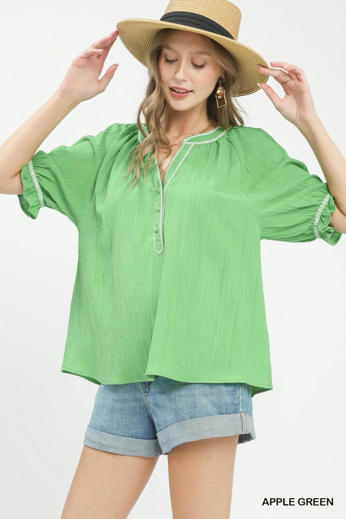 Umgee Textured Split Neck Puff Sleeve Top
