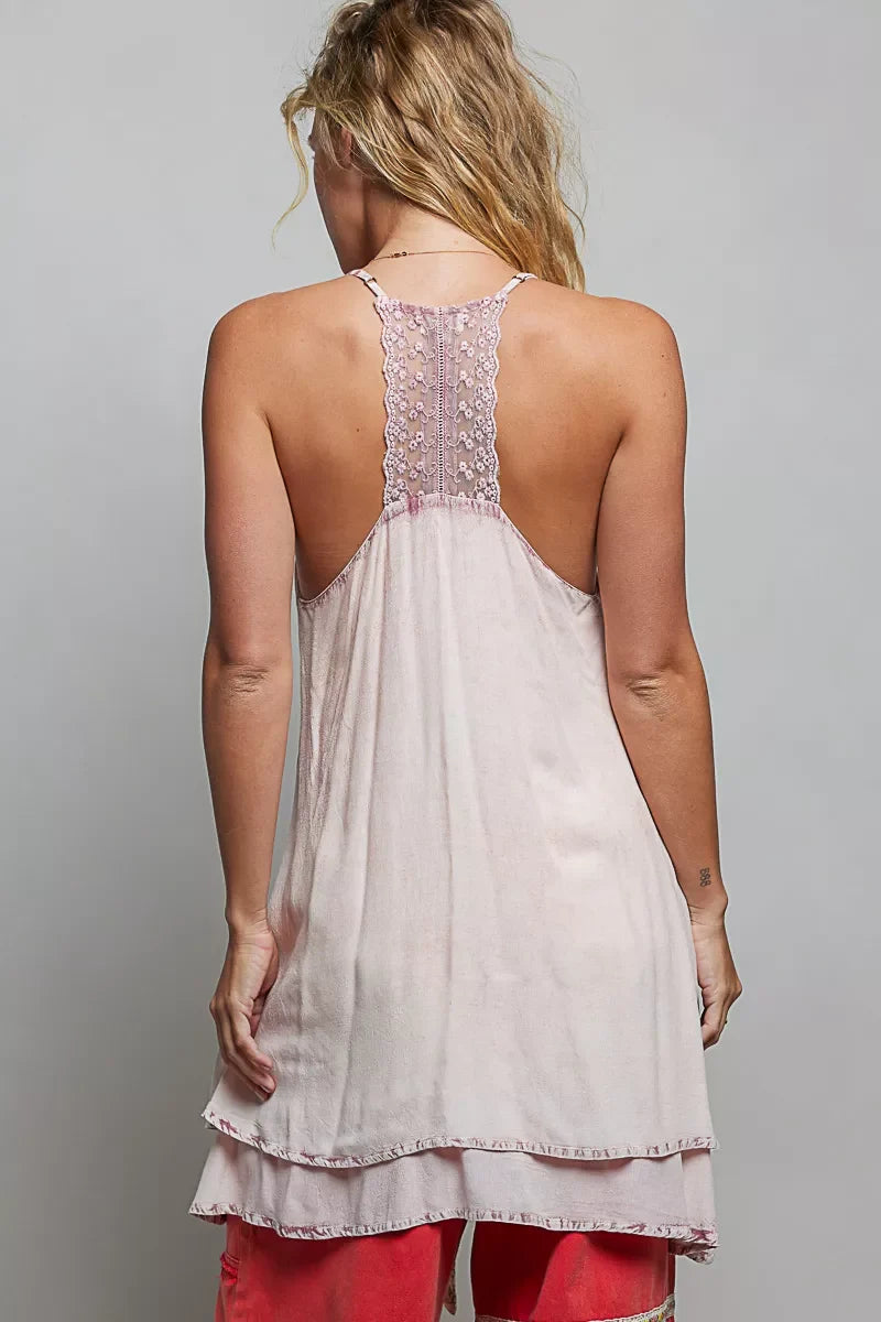POL Solid Vintage Wash Embroidered Sleeveless Cotton Mini Dress