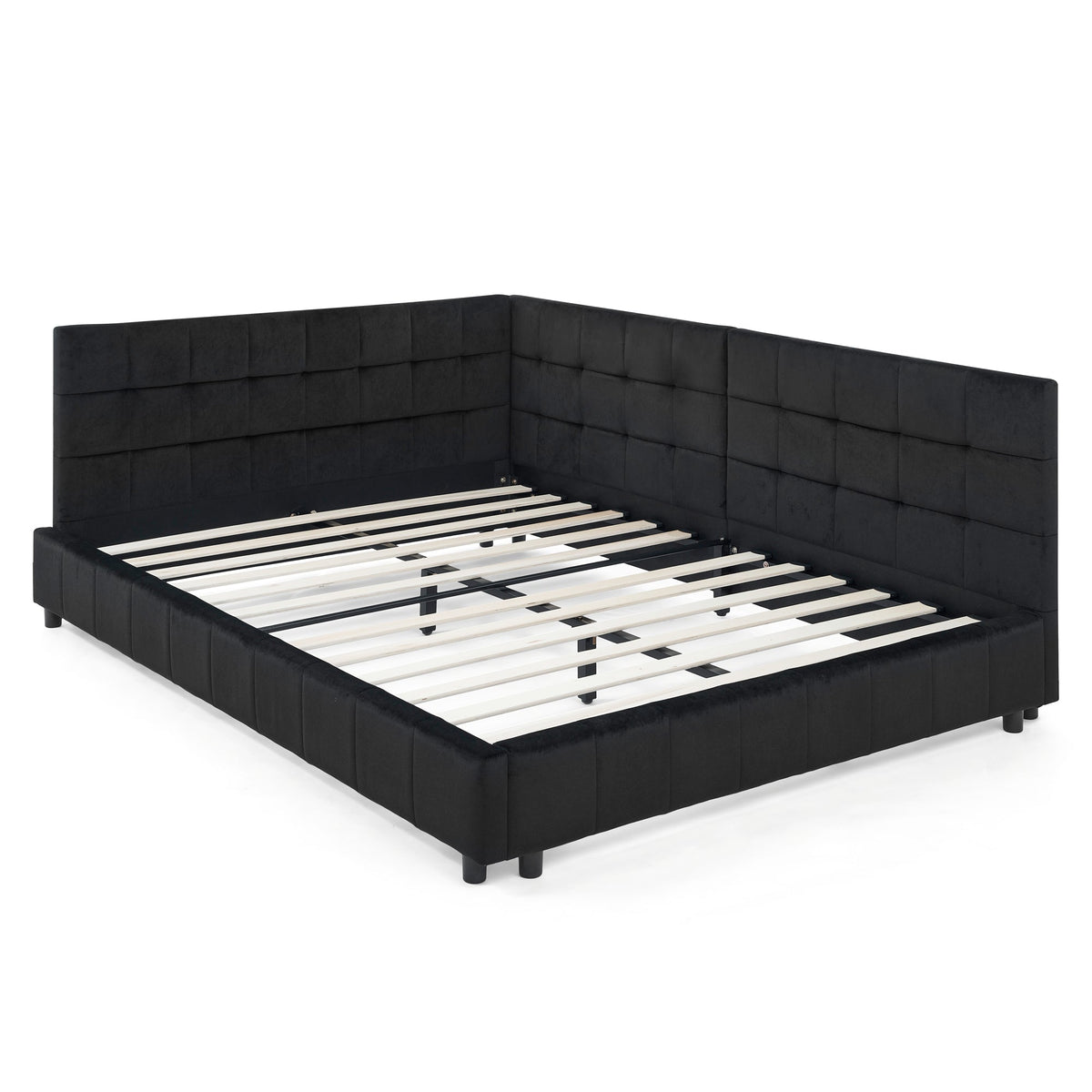 Mid-Century Full Size Upholstered Tufted Bed Frame with Comfortable Backrest and Armrests, Velvet, Black