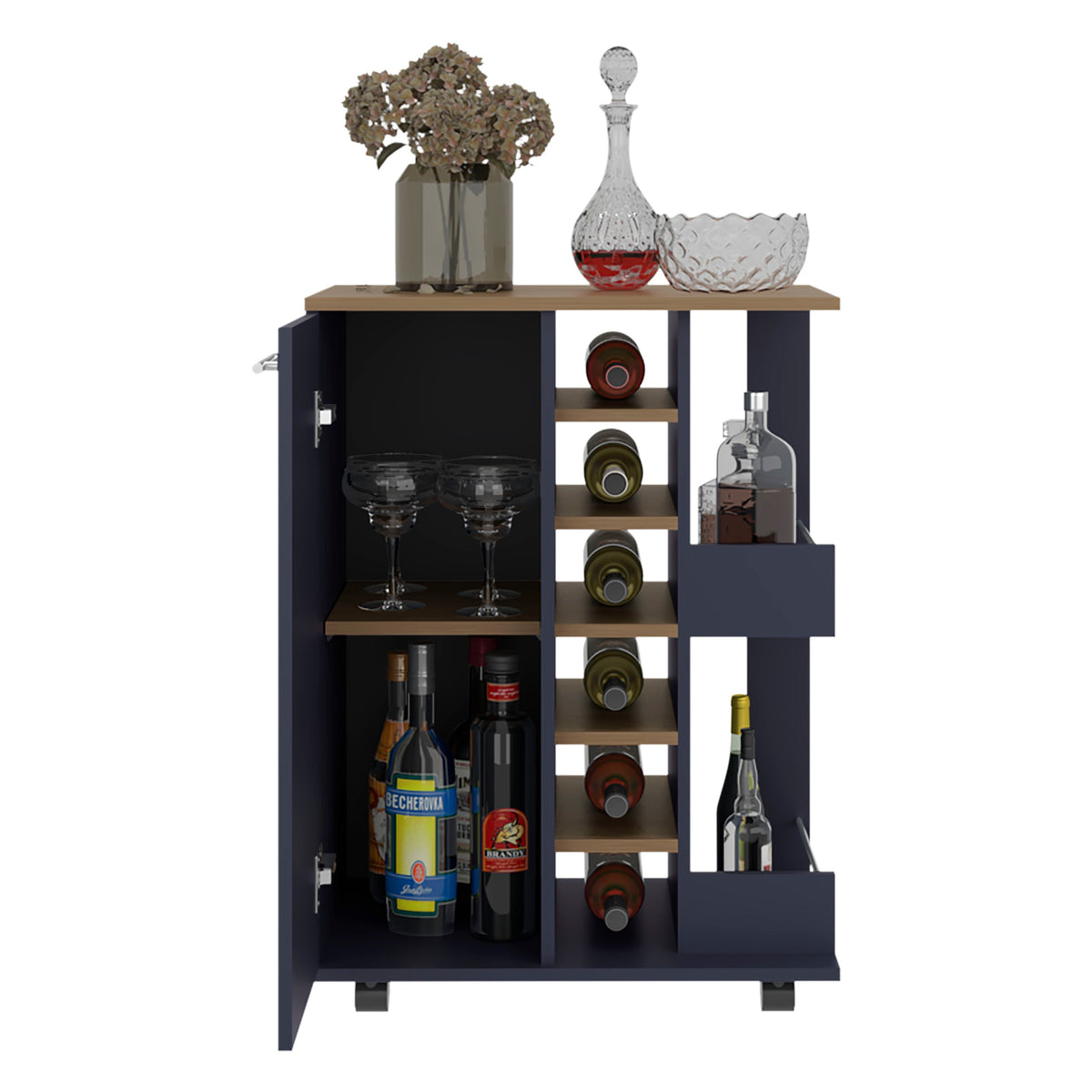 Carefree bar cabinet, bottle racks, double side shelves, modern design in Kronos Ash and Kronos Blue.
