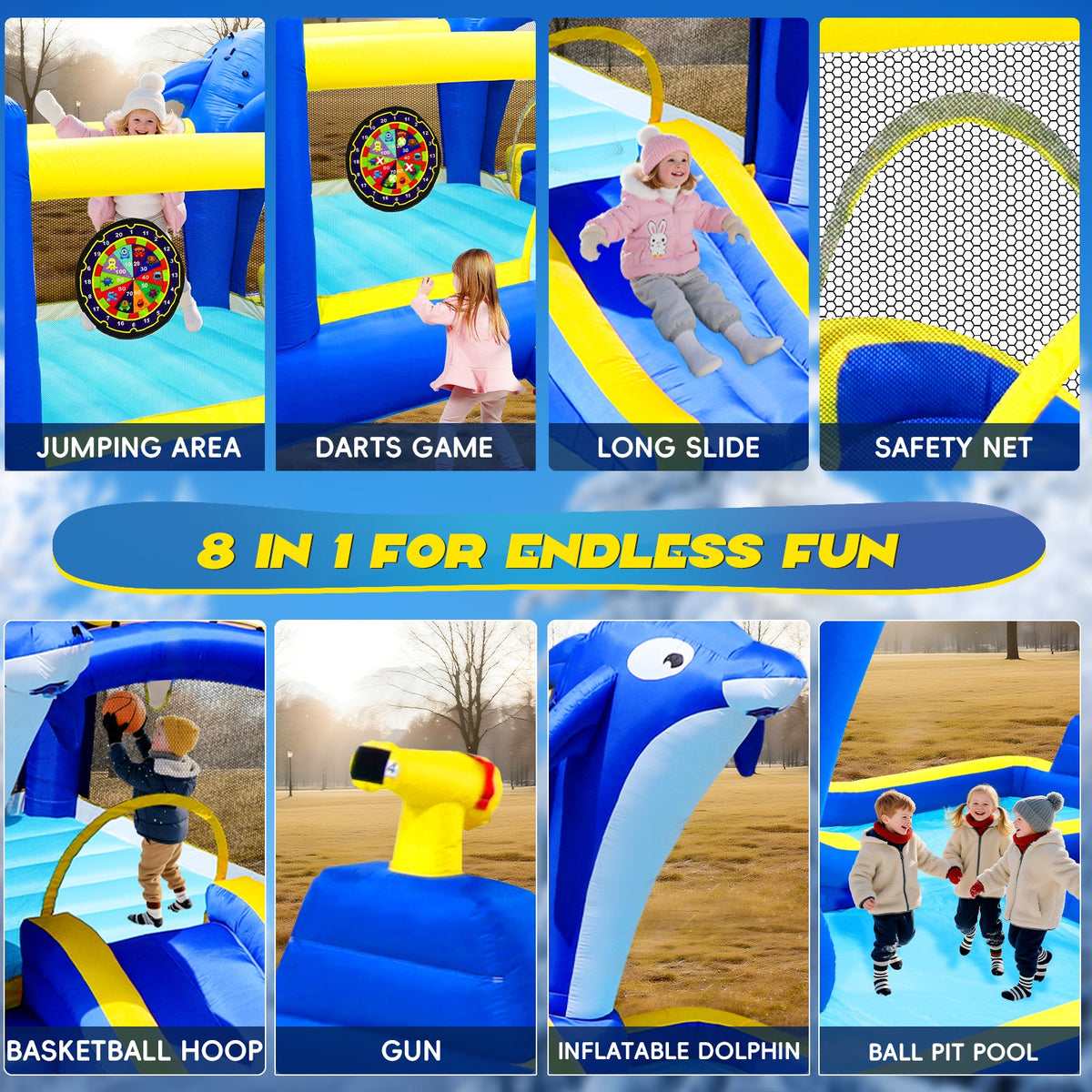 8 in1 Inflatable slide water park trampoline bouncing house outdoor garden with  Dolphin sprinkler & Target games & Water gun & Basketball