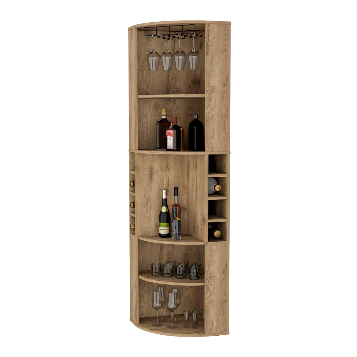 FM FURNITURE Clifton Corner Bar Cabinet, with 5 shelves,Cup Hanger and Eight Built-in Wine Rack,Macadamia