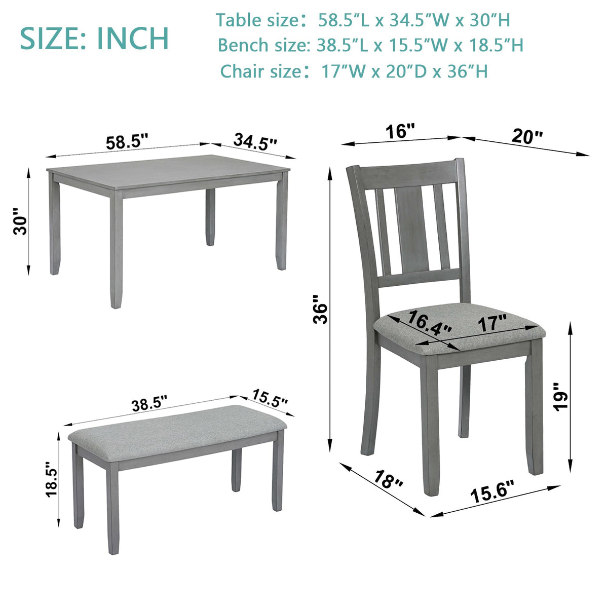 6PCs Kitchen Dining Set, Rectangular Wooden Dining Table with 4 Upholstered Chairs and a Bench, Dining Table Set for 6 People, Living Room, Home Bar and Kitchen, Gray