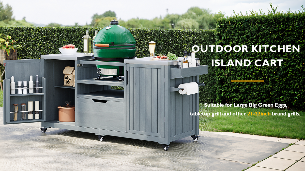 K&K 66.5' Outdoor Kitchen Island for Big Green Egg Grills, Solid Wood Outdoor Grill Cart for Tabletop Grill with Stainless Steel Top, Drawer, Compatible with Large Big Green Egg, Kamado Joe- Grey Blue