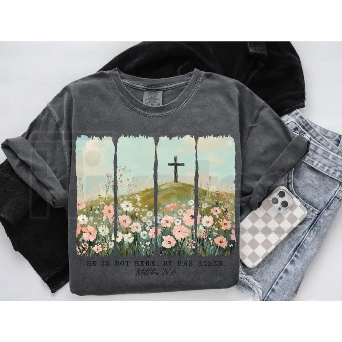 He Is Risen Wildflower Crewneck: Aesthetic Boho Christian Easter Sweatshirt