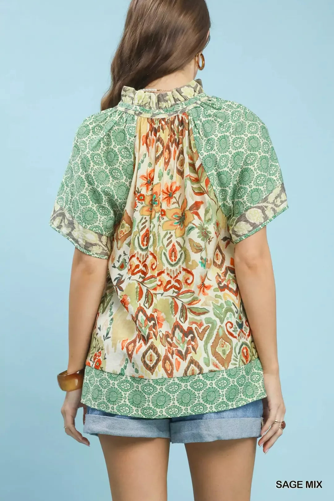 Umgee Mixed Print V-Neck Short Sleeve Top