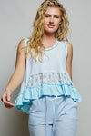 POL Floral Print Patche Round Neck Ribbed Tank with Double Gauze Ruffle Accents
