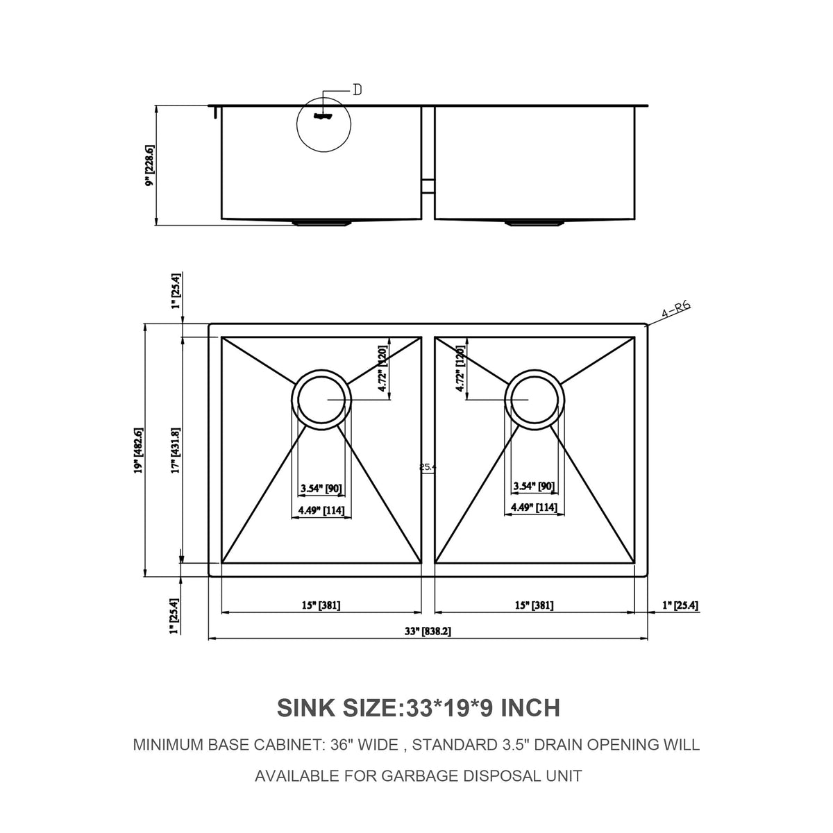 Brushed Nickel Undermount Double Bowl Kitchen Sink 33 x 19 in 16 Gauge Stainless Steel with 9 Inch Deep Basin