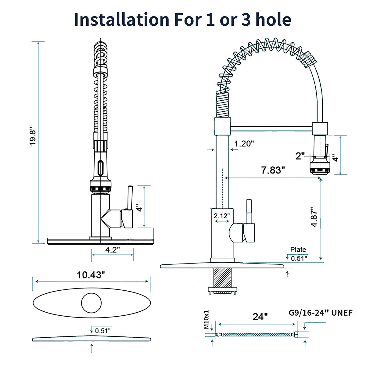 Kitchen Faucet with Pull Down Sprayer and 4 Spraying Modes Single Handle Commercial Spring Kitchen Sink Faucet Brushed Nickel 1 or 3 Hole