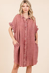 Mineral Wash Cotton Gauze Mini Shirt Dress For Women – Effortlessly Chic and Tredny Dress with Ruffle Sleeve Details