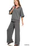 Zenana Scuba Collared Short Sleeve Pullover & Center Seam Pants Set