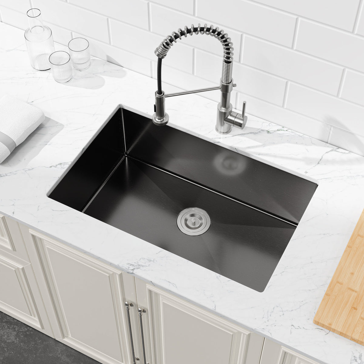 Stainless Steel Kitchen Sink, 27″x19″ Single Bowl, Undermount Handmade Sink in Black, with US Standard Drain and Hook