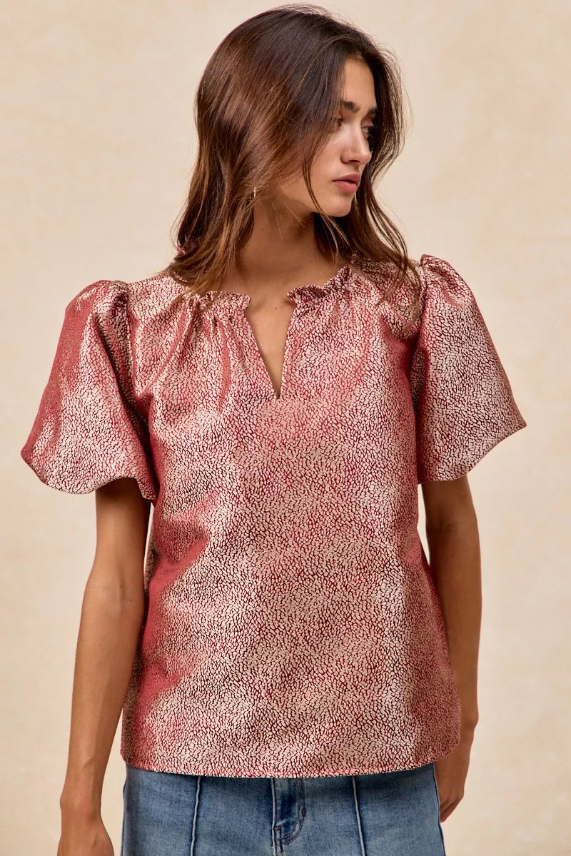 BiBi Jacquard Woven Short Balloon Sleeves V Neck Top