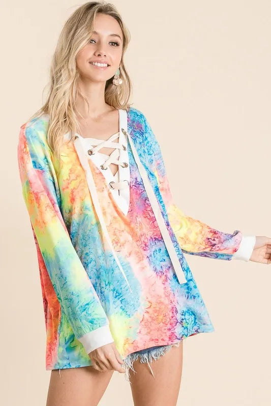 BiBi Tie Dye Deep V-neck Top With Lace Up Front