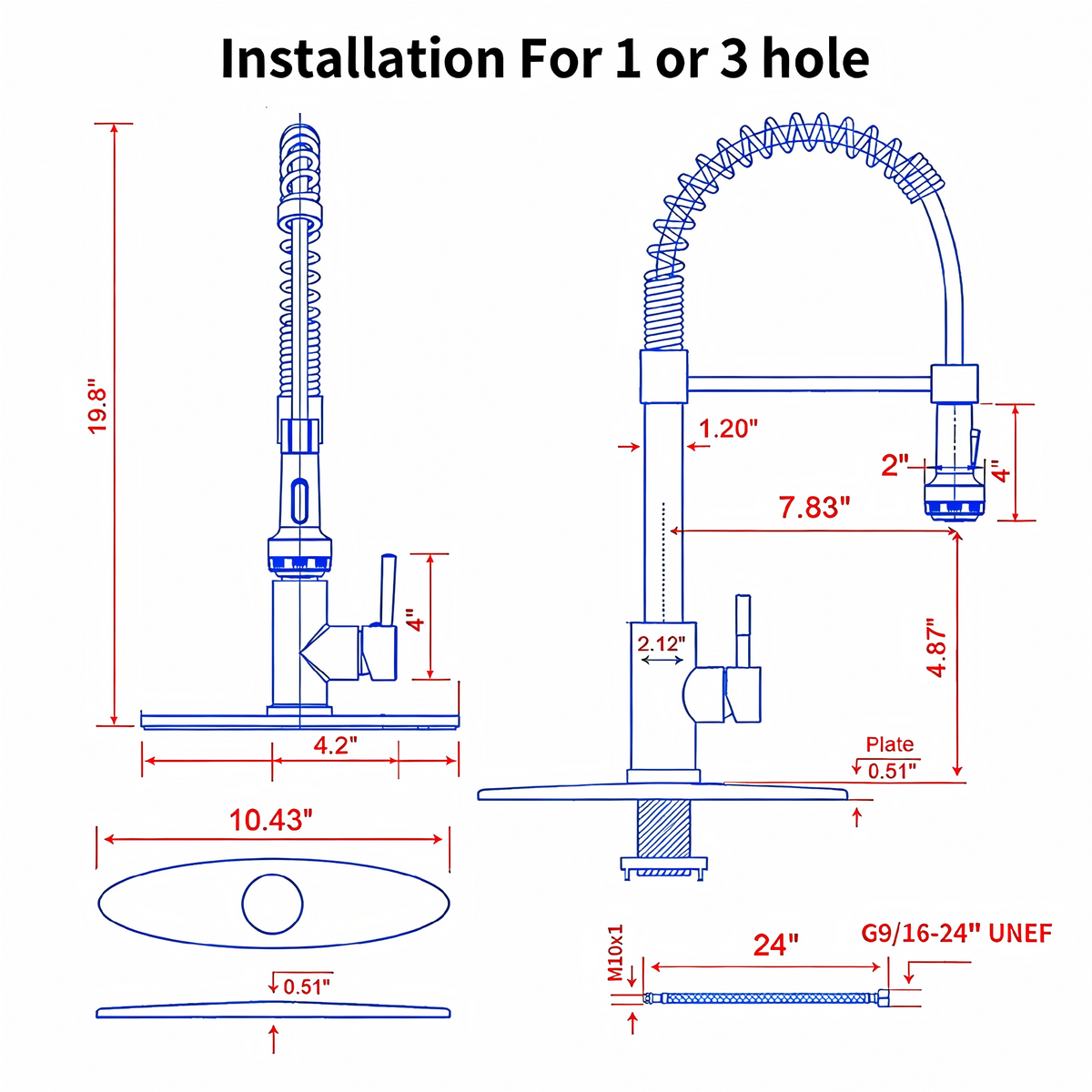 Kitchen Faucet with Pull Down Sprayer and 4 Spraying Modes Single Handle Commercial Spring Kitchen Sink Faucet Matte Black 1 or 3 Hole