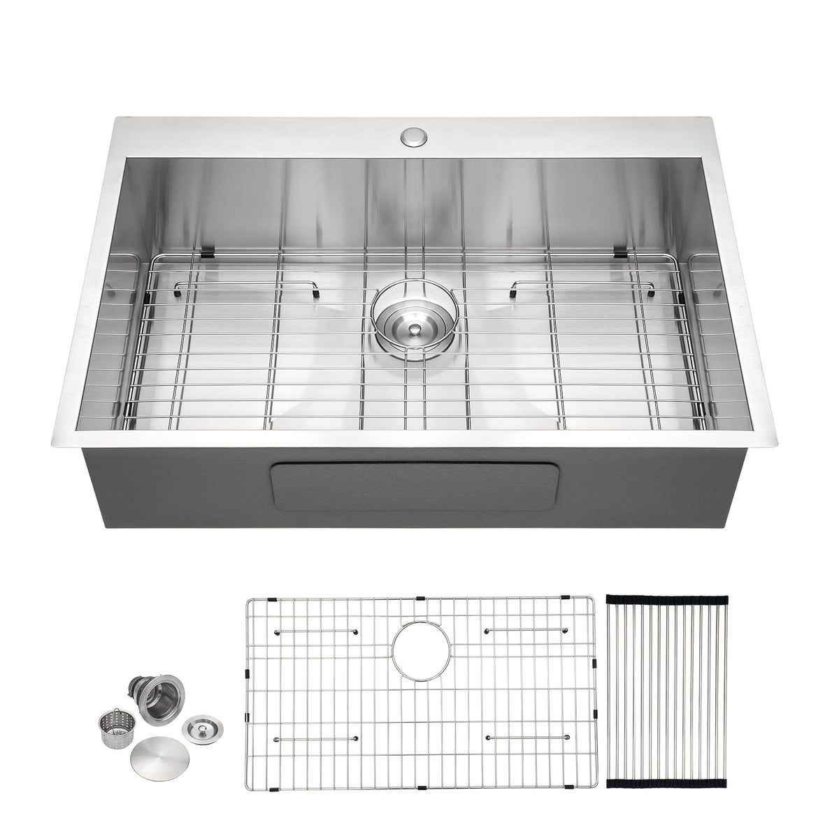 Brushed Nickel 33 x 22 Inch Kitchen Sink Drop In 16 Gauge Stainless Steel Single Bowl Topmount Basin