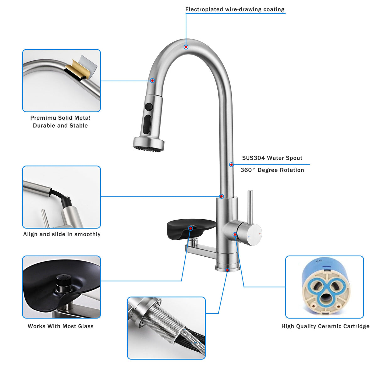 3-in-1 Kitchen Faucet with Press-Type Glass Rinser, High-Arc Pull-Down Sprayer, 3 Function Spray Mode, Brushed Nickel Finish, 9.44-Inch Spout Height, Stainless Steel & ABS Construction