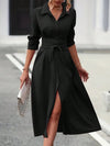 Elegant Black Collared Neck Long Sleeve Midi Shirt Dress Tied and Buttoned Women’s Dress