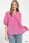 Umgee Textured Lace Trim V-Neck Boho Blouse