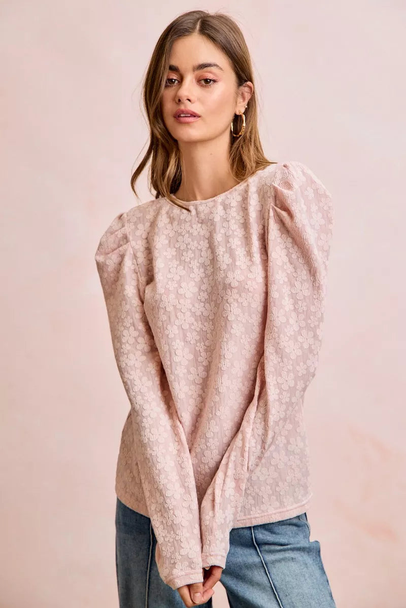 BiBi Textured Flower Knit Puff Shoulder Top