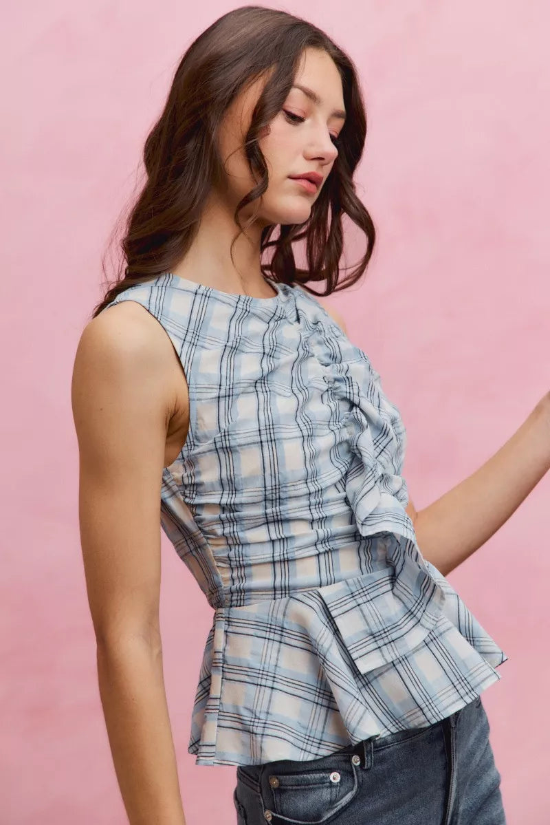 SO ME Plaid Sleeveless Ruffle Peplum Top
