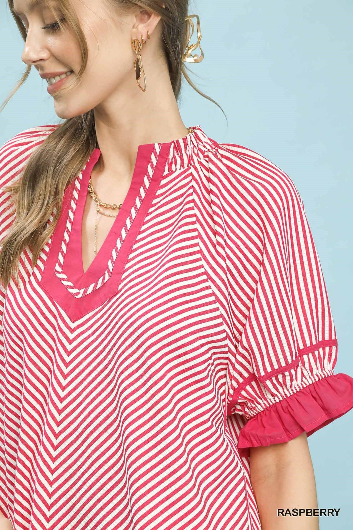 Umgee Stripe Ruffle Sleeve Split-Neck Blouse