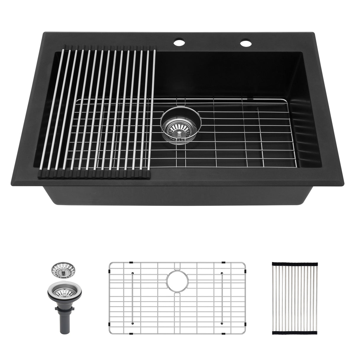 Quartz Kitchen Sink - 33' x 22' Black Granite Composite Drop-In Sink with Durable Construction