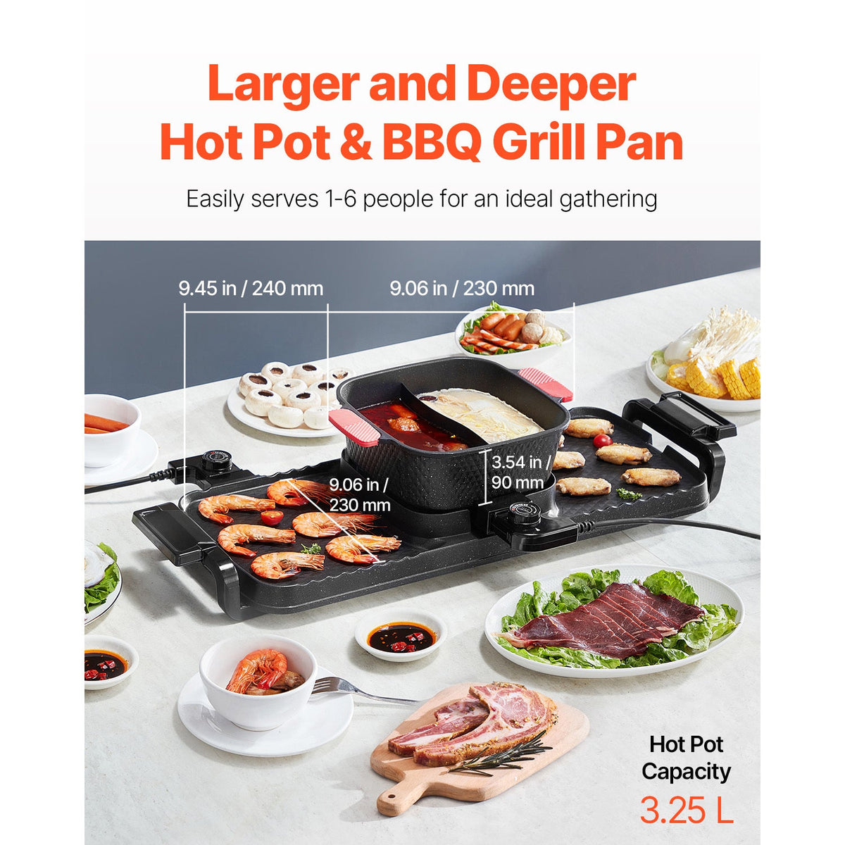 Hot Pot with Grill 2300W 2-in-1 Electric Smokeless BBQ Pan with Removable Pot