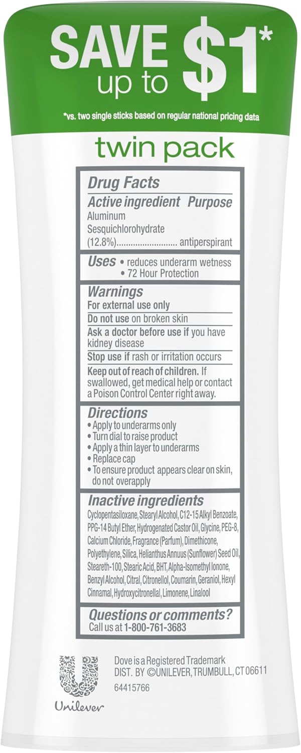 Dove Advanced Care Anti Deo Stick Cool Essentials Twin Pack for helping your skin barrier repair after shaving 72 h odor control and all-day sweat protection with Pro Ceramide Technology 2.6 oz