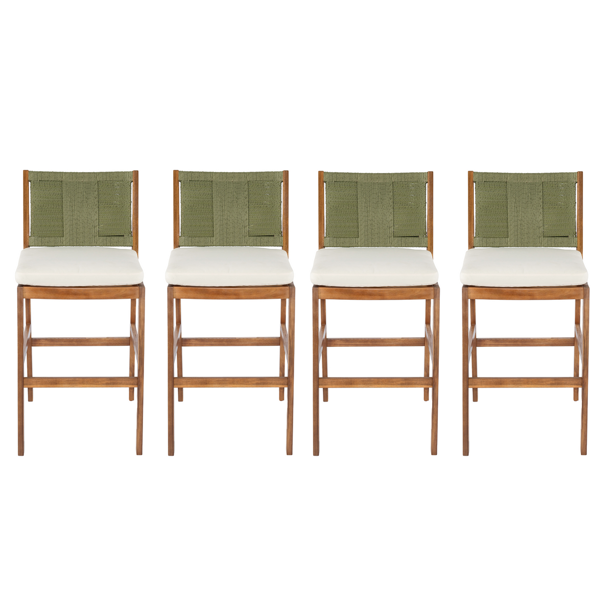 4 Pieces Arly Green Outdoor Bar Stool Solid Acacia Wood and Woven Wicker