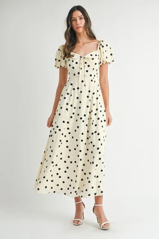 Polka Dot Puff Sleeve Midi Dress For Women – Vintage Fluttering Polka Dot Dress, Feminine Puff Sleeve Dress, Retro Midi Dress, Classic Chic Dress