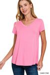 Zenana Rayon Short Sleeve V-neck Round Hem Top