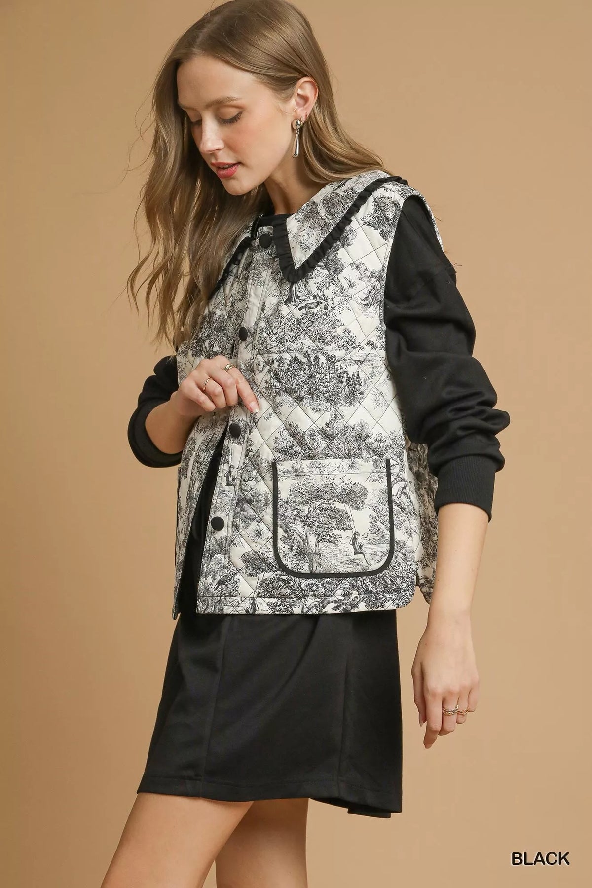 Umgee Toile Quilted Vest with Ruffle Collar