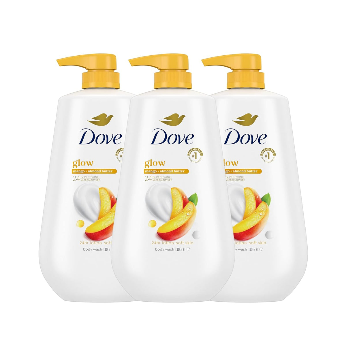 Dove Body Wash with Pump 3 Count Glowing Mango & Almond Butter for Renewed, Healthy-Looking Skin Gentle Skin Cleanser with 24hr Renewing MicroMoisture 30.6 oz