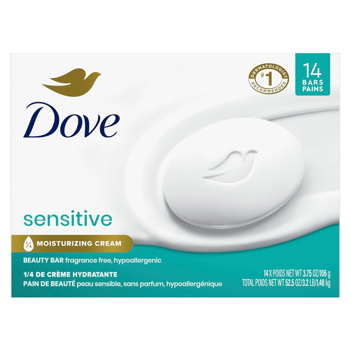 Dove Beauty Bar More Moisturizing Than Bar Soap for Softer Skin, Fragrance-Free, Hypoallergenic Beauty Bar Sensitive Skin With Gentle Cleanser 3.75 oz 14 Bars