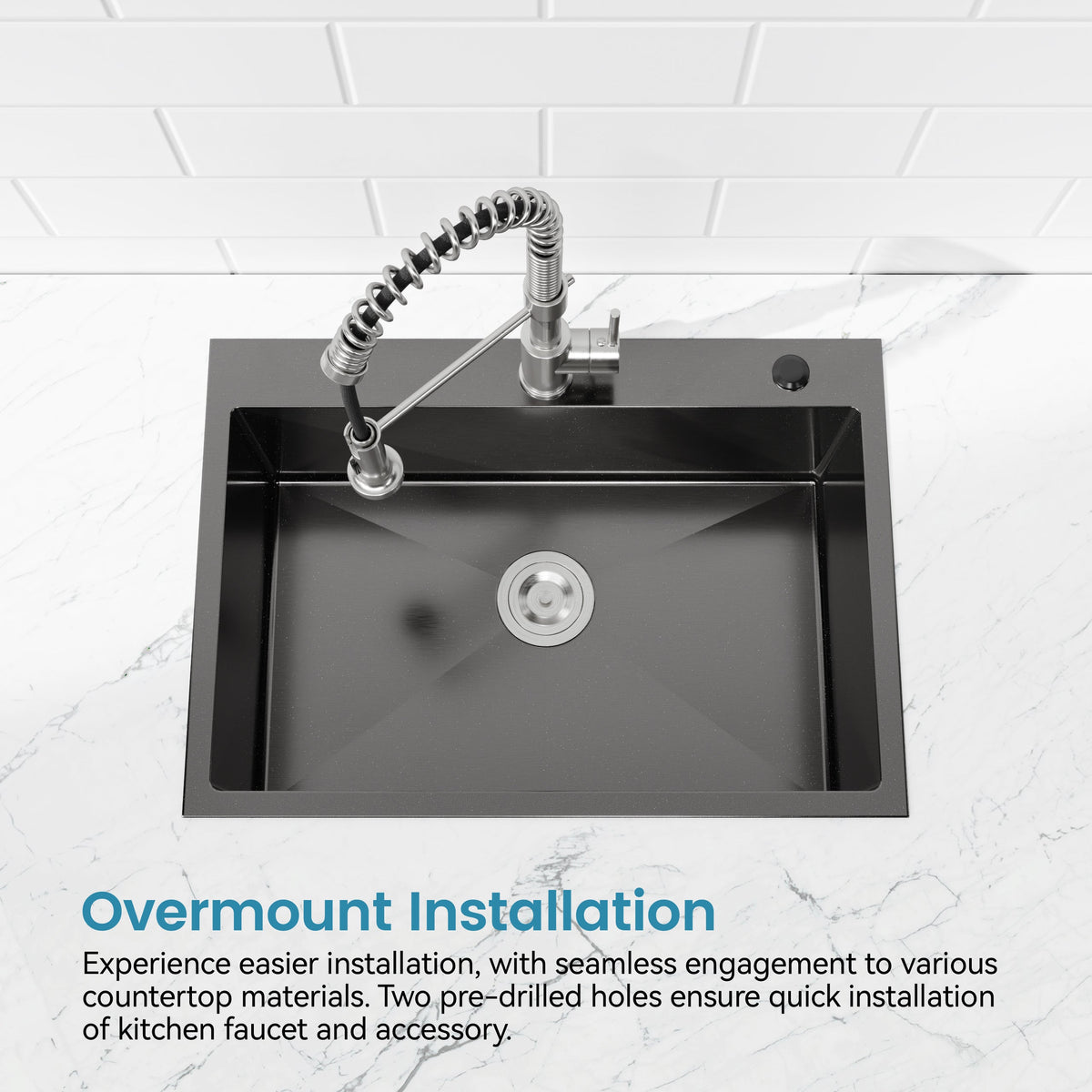 Stainless Steel Kitchen Sink, 33″x22″ Single Bowl, Overmount Handmade Sink in Black, with US Standard Drain and Hook