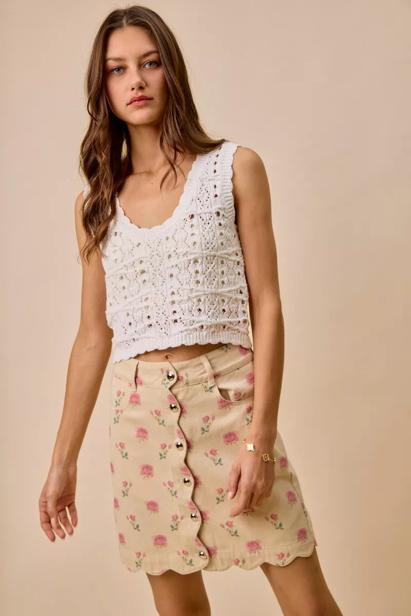 SO ME Floral Rose Print Cotton Twill Scallop Mini Skirt