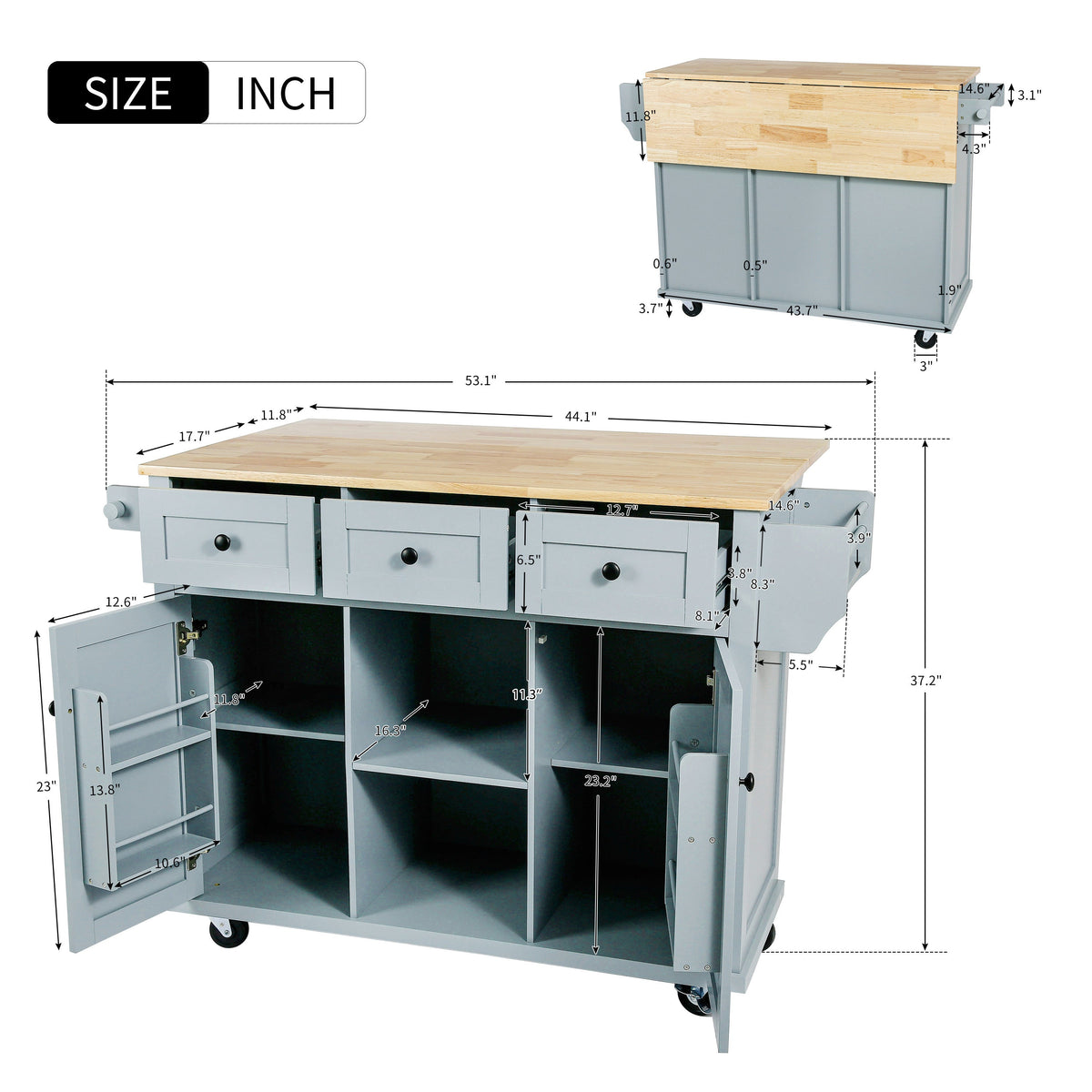 Kitchen Cart with Rubber wood Drop-Leaf Countertop ,Cabinet door internal storage racks,Kitchen Island on 5 Wheels with Storage Cabinet and 3 Drawers for Dinning Room, Grey Blue