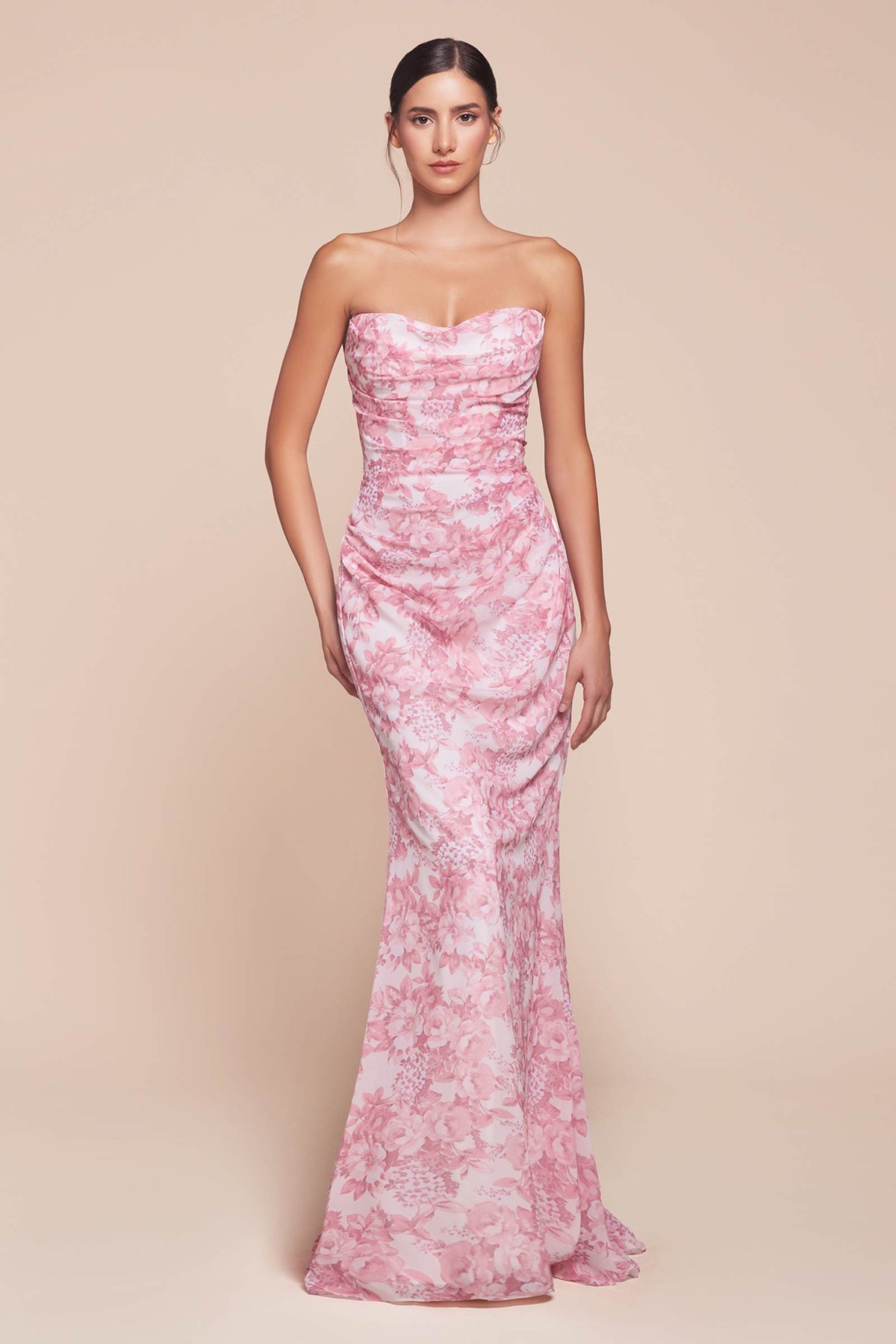 Ladivine 7445 Dress Strapless Floral Printed Fitted Soft Satin Dress